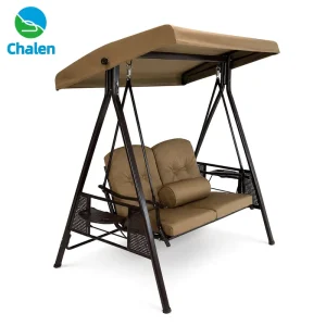 Modern Outdoor 2 Person Patio Swing Bench with Adjustable Tilt Canopy Durable Steel Frame Cushions Pillow for Park Villa Use