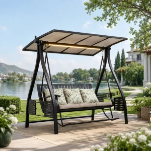 Modern Outdoor Patio Swing Chair FLD2019 with Footrest Solar LED PC Roof Aluminum Swing Sofa for Hotel & Resort