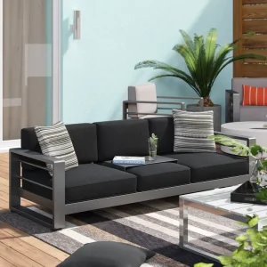 Modern Outdoor Sofa Set Silver Aluminum Frame Black Cushions Striped Pillows Weather Resistant Patio Furniture for Backyard