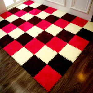 Modern Pink White Interlocking Fluffy Soft Velvet Tile Rugs Puzzle Carpet Floor Mat for Teen for Living Room Home Polyester