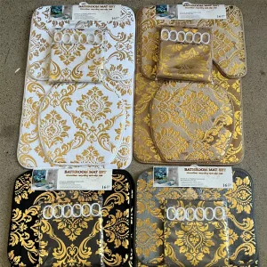 Modern Polyester Bath Mats Gold Stamping Printed Two Four Sets Includes Toilet Lid Shower Curtain Sponge Machine Made