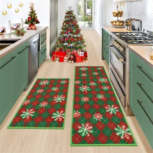 Modern Polyester Christmas Decorations Buffalo Plaid Kitchen Runner and Mat Sets Non Slip Washable Snowflake Floor Mats