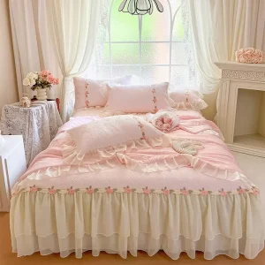 Modern Polyester Lace Bed Skirt Summer 4 Piece Set for Wedding & Home Use