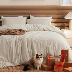Modern Queen Comforter Set Beige Soft All Seasons Cationic Dyed 3 Piece Bedding Set with 1 Comforter 2 Pillow Shams