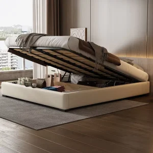 Modern Simple No Backrest Wooden Bed Leather for Master Bedroom Tatami Style No Bedside Small Apartment-Friendly Storage for