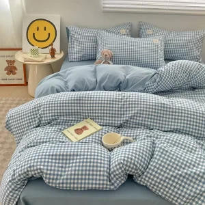 Modern Simple Pure Cotton Checkered Quilt Cover 4pcs Bedding Set Bed Sheet King Queen Size Blue Stripe Duvet Cover Fitted Sheet