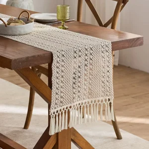 Modern Simple Striped Hollow Carved Design Woven Bohemian Cotton Linen Table Runner Tassels Durable Eco Friendly Washable Home
