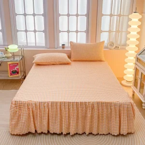 Modern Skin-Friendly Washed Cotton Brushed Ruffle Non-Slip Bed Skirt Home Checkered Striped Pattern 3pcs Bedding Set Bedsheets