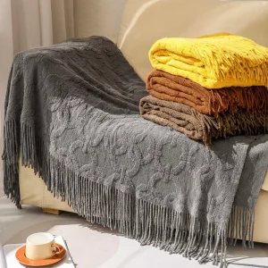 Modern Sofa Chair Home Decorative Cozy Solid Acrylic Tassels Knit Throw Blankets for Office Break Nap
