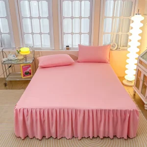 Modern Solid Color Skin Friendly Washed Cotton Ruffled Hem Bed Skirt 3pcs Bedding Set king Size Home Non Slip Fitted Bed Sheet
