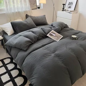 Modern Solid Color Washed Cotton Four Piece Set Super Soft Durable Breathable Fade Wrinkle Resistant Pleated All Season Bed