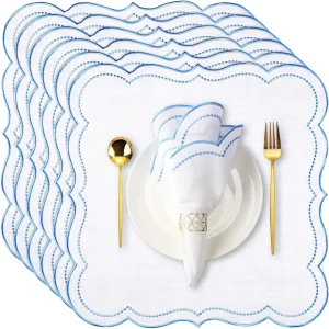 Modern Solid Linen & Cotton Wedding Set Scalloped Edge Napkins Placemats with Double Embroidery Thread Home Use