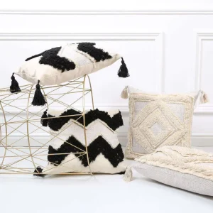 Modern Square Tufted 100% Cotton Decorative Morocco Throw Pillow Cover Black White Ivory Sofa Cushion Case Hotel Home