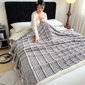 Modern Striped Sherpa Double Layer Throw Blanket High Weight Thickened Winter Bedroom Throw Blanket for Student Office Nap