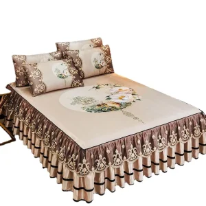 Modern Style 3-Piece Embroidered Lace Edge Ice Silk Cooling Bed Skirt Set with Fitted Flat Sheets for All-Season Use