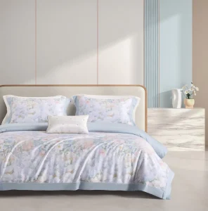 Modern Style Solid-colour Printed Mugwort and Cotton Blend Bed Linen Set Fresh Light Blue Breathable and Soft Duvet Cover