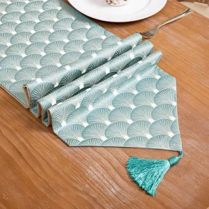 Modern Table Runner Jacquard Weave Tassel Trim Featuring Satin Jacquard Fabric Peacock Displaying Its Feathers