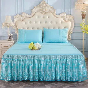 Modern Three Piece 100% Polyester 100TC Solid Color Plant Pattern Luxury Home Bed Skirt Set