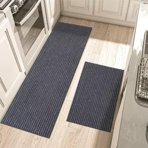 Modern Tufted Striped Washable Anti-Fatigue Kitchen Mat and Rug 2 Piece Set Water Absorbent Anti-Slip