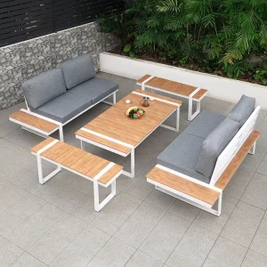 Modern Waterproof Garden Couch Set Aluminum Frame Plastic Wood Outdoor Sofa Polyester Cushions Pillows Living Room & Courtyard