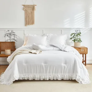Modern White 3 Piece Comforter Set 200TC 2 Layer Ruffle Soft Fluffy Lightweight Solid Color Polyester Filling for Home Use