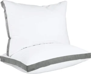 Modern White Neck Bed Pillows Grey Trim 2 Pack Hotel Quality 100% Cotton OEKO TEX Certified Decorative Pillows for Bedroom Guest