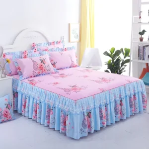 Modern Woven 100% Polyester Floral Plant Printed 3pcs Bedspread Sets Lace Bed Skirt Pillowcase Duvet Cover Sheets Warm