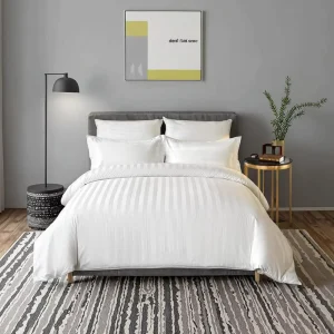 Modern Woven White Color Soft Hotel Quality 3cm Stripe Bedding Set 100% Egyptian Cotton Hotel Bed Sheets 4pcs BSCI Amfori