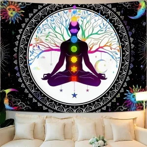 Moon Phase Yoga Seven Chakra Meditation Print Large Size Wall Tapestries for Bedroom Home Office