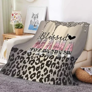 Mother’s Day Custom Leopard Print Blessed MAMA Flower Glitter Drip Mom Floral Soft Cozy Wearable Throw Blanket for Gift