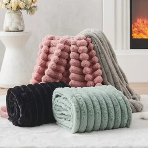 Multi-Color Rabbit Fur Anti-Bacteria Four Seasons Home Use Blanket Striped Embossed Backing Luxury Warm Plush Fleece