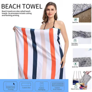 Multi Sized Striped Polyester Beach Towel Blue Orange Quick Dry Sand Proof & Water Absorbing for Beach Vacations