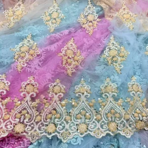 Multi-color Sequin Embroidery Knitted Brocade Fabric with Beads Tulle Mesh 100% Polyester for Apparel & Accessories