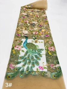 Multicolor Breathable Woven Lace Fabric with Thread Embroidery Peacock & Flower Patterns Eco Friendly for Wedding Apparel Girls