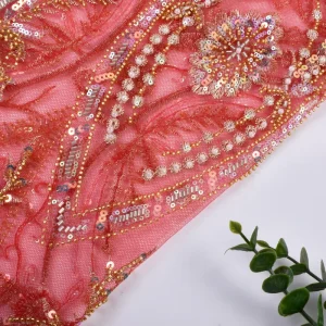 Muslin Heavyweight Red 600gsm French Sequin Lace Breathable Tulle Bead Embroidery Fabric