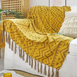 Mustard Yellow Aztec Tribal Geometric Woven Throw Blanket Boho Southwestern Long Tassel Fringe Decor Sofa Bed Nap Blanket