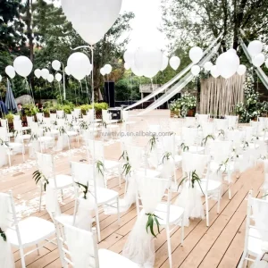 Muwei Classic Reusable Washable White Sheer Tulle Chair Sashes Long Organza Back Drapery Customized Size Outdoor Wedding Chairs