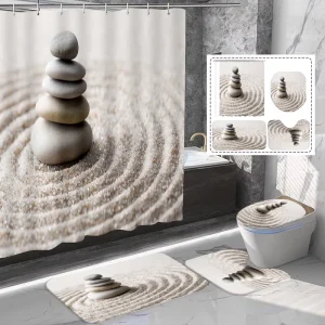 Muyu Zen Spa Stone Shower Curtain Set 4 Piece Polyester Classic Waterproof Eco Friendly Bathroom Decor Non Slip Mats