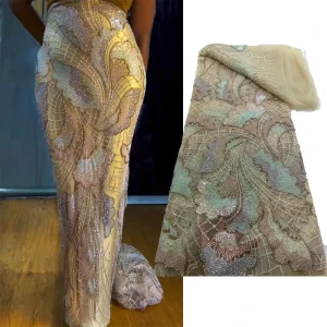 NI.AI Champagne Nude Premium Hand Stitched Radiant Plume Luxury Beaded Tulle Lace Embroidery for Custom Designer Wedding