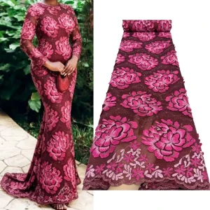 NI.AI Hot Pink Premium 3D Applique Lace Fabric With Double Net for Bridal Gown Special Event Formal Outfit Clothing Supply