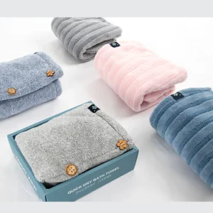 Nano Silver Hair Drying Towel for Women 2 Button Closure Absorbent Hooded Hair Towel Wrap Curly Long Easy to Use Care Turban