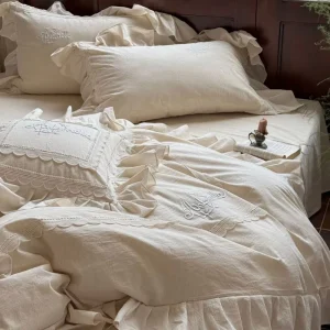 Natural Cotton Linen Bedding Set Lotus Leaf Edges 3D Embroidery Soft Bed Sheets Duvet Cover Luxury Bedding