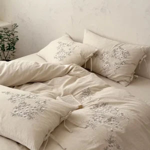 Natural Cotton Linen Blend Embroidered Floral Bedding Set Retro Homestay Soft Duvet Cover Bed Set