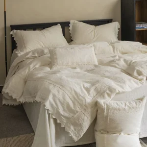 Natural Linen Cotton Duvet Cover with Pillowcase Queen Size Embroidered Bedding Set Soft Warm Breathable Bed Quilt Cover