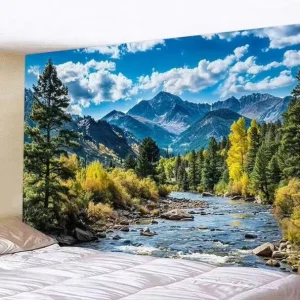 Nature Forest Mountain Green Tree Aesthetic White Clouds Flowing River Polyester High Quality Wall Decor Tapestry 60×44 Inches