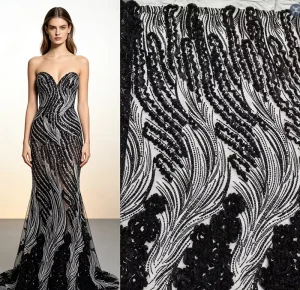 Navy 3D Floral Feather Beaded Lace Fabric Heavy Rhinestone Embroidery Tulle Mesh for Evening Dress Wedding Gown