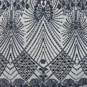 Navy Blue Art Deco Sequin Beaded Mesh Fabric for Designer Gowns Luxury Geometric Embroidery Fabric Shaoxing Manufacturer