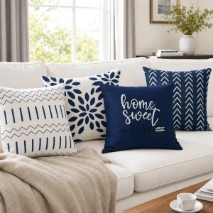 Navy Blue Geometric Throw Pillow Cover Soft Polyester Boho Leaf Pattern Decorative Cushion Case Pillowshell for Bed