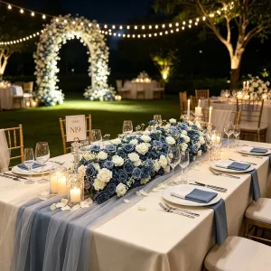 Navy Blue White Trailing Floral Runner Artificial Rose Baby Breath Flower Row for Wedding Aisle Table Ceremony Backdrop Decor