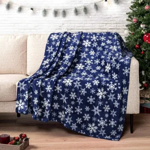 Navy Snowflake Raschel Throw Blanket Soft Plush Warm Winter Cabin Four Seasons 100% Polyester Knitted